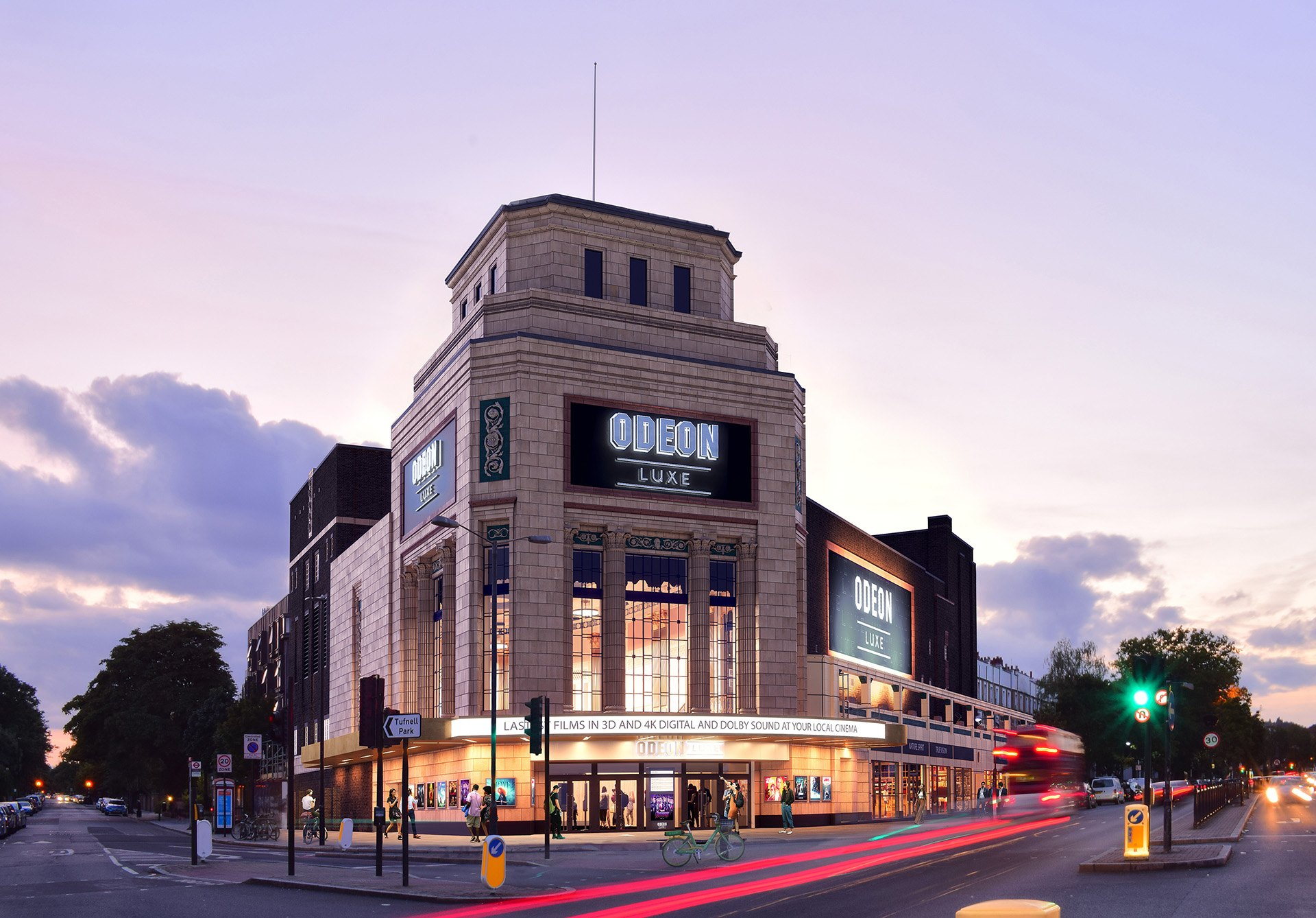 The Odeon Luxe cinema on Holloway Road, London, at dusk